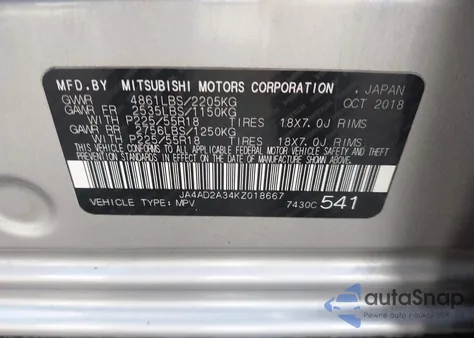 2019 Mitsubishi Outlander Es z USA, uszkodzony, nr VIN JA4AD2A34KZ018667